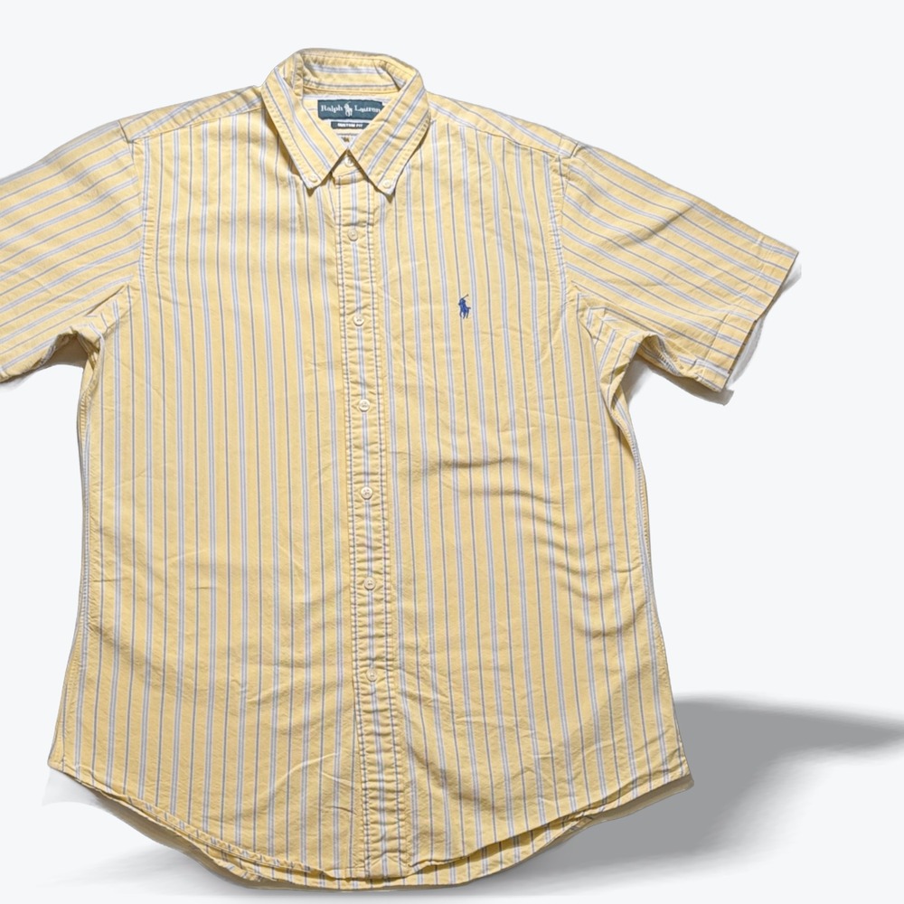 Ralph Lauren Short Sleeve Oxford Shirt Custom Fit Striped Yellow Blue Men Medium
